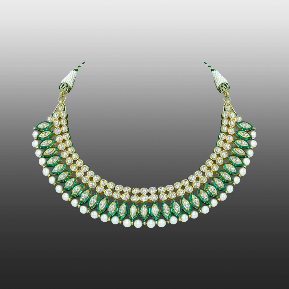 Polki Diamond Necklace with Green Enamel and Pearls
